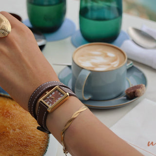 MochaWrap – Belisenna Rectangular Watch with Double Leather Strap, Gold Colour