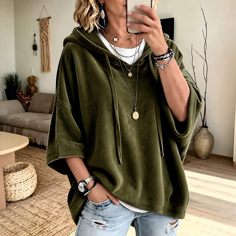 PlushDrape – Women's Velour Oversized Hoodie with 3/4 Sleeves
