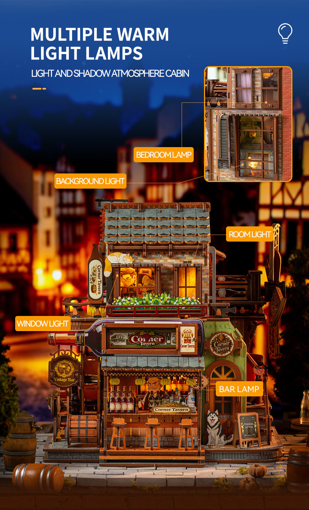 Multiple warm lights throughout the Corner Tavern rooms
