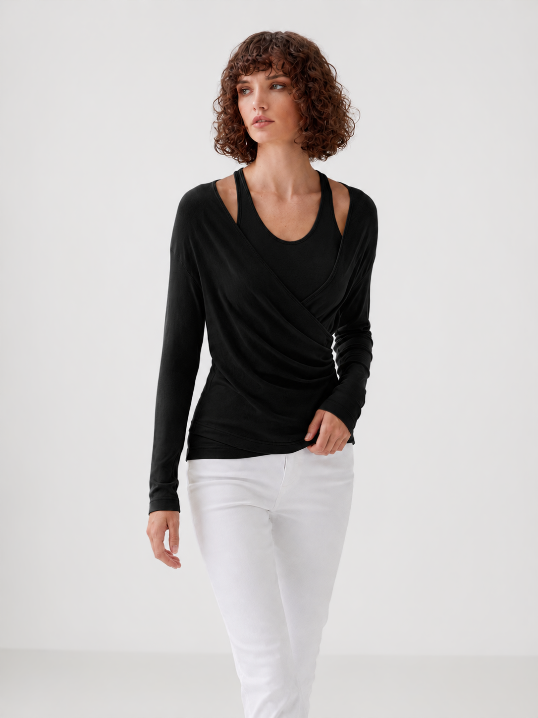 CallidaDrape – Ruched Two-Piece Wrap Top Set with Built-In Bra