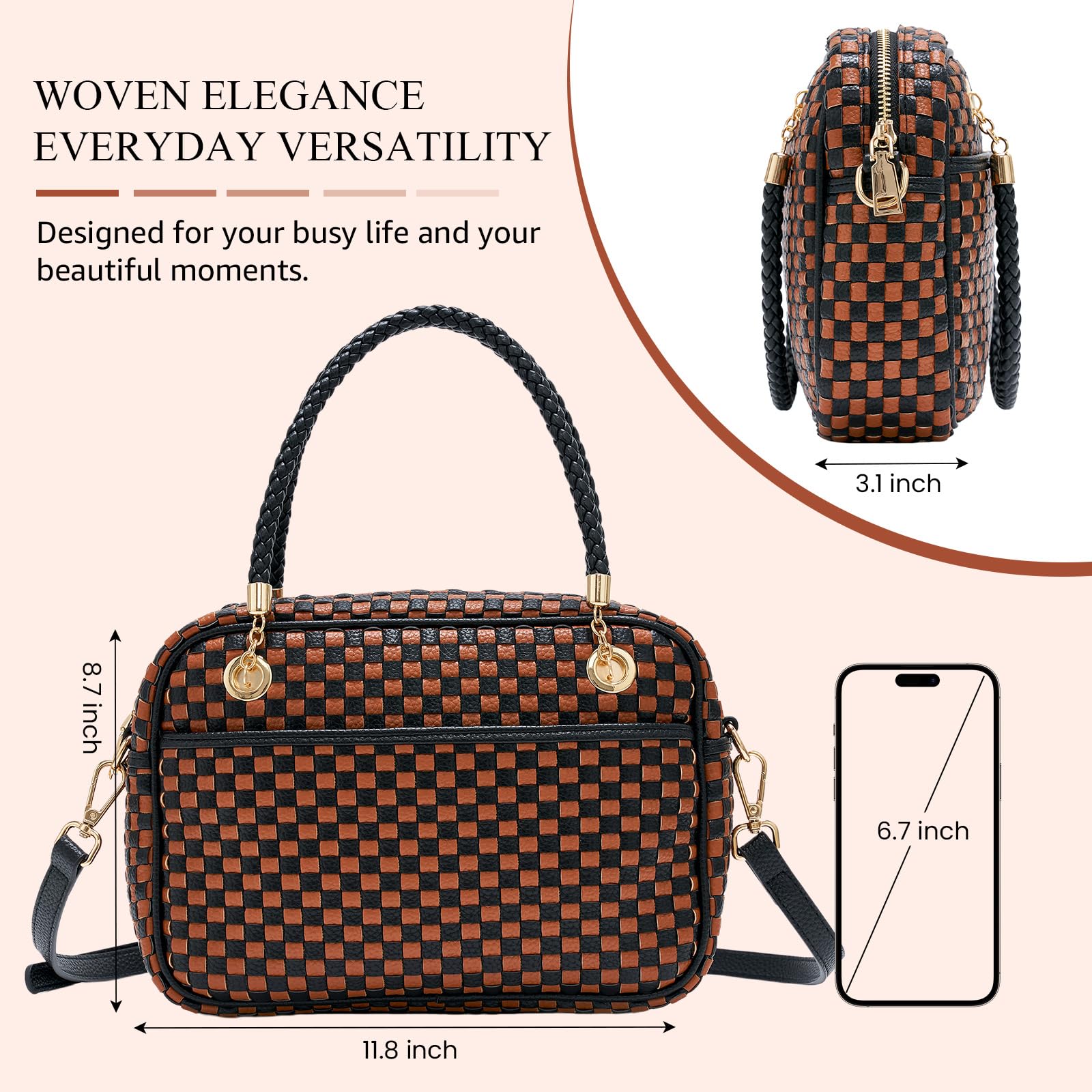 CheckWeave – Chic Checkered Woven Top Handle Crossbody Shoulder Bag in Vegan Leather