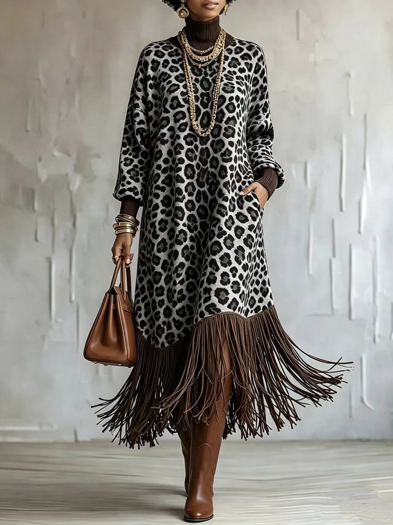 WildFringe – Boho Leopard Print Fringe Dress with Long Sleeves