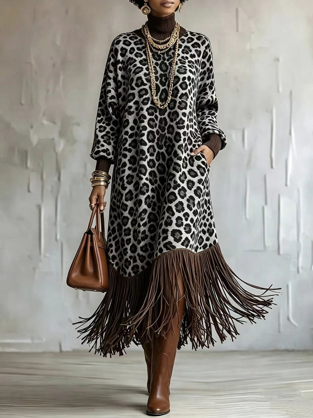 WildFringe – Boho Leopard Print Fringe Dress with Long Sleeves