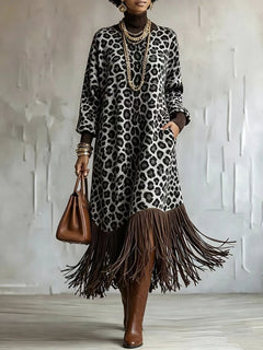 WildFringe – Boho Leopard Print Fringe Dress with Long Sleeves