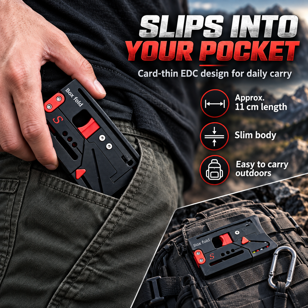 BOXFOLD tool sliding into a trouser pocket with approximate length callout