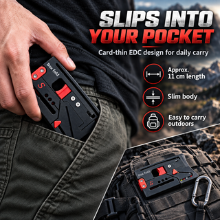 BOXFOLD tool sliding into a trouser pocket with approximate length callout