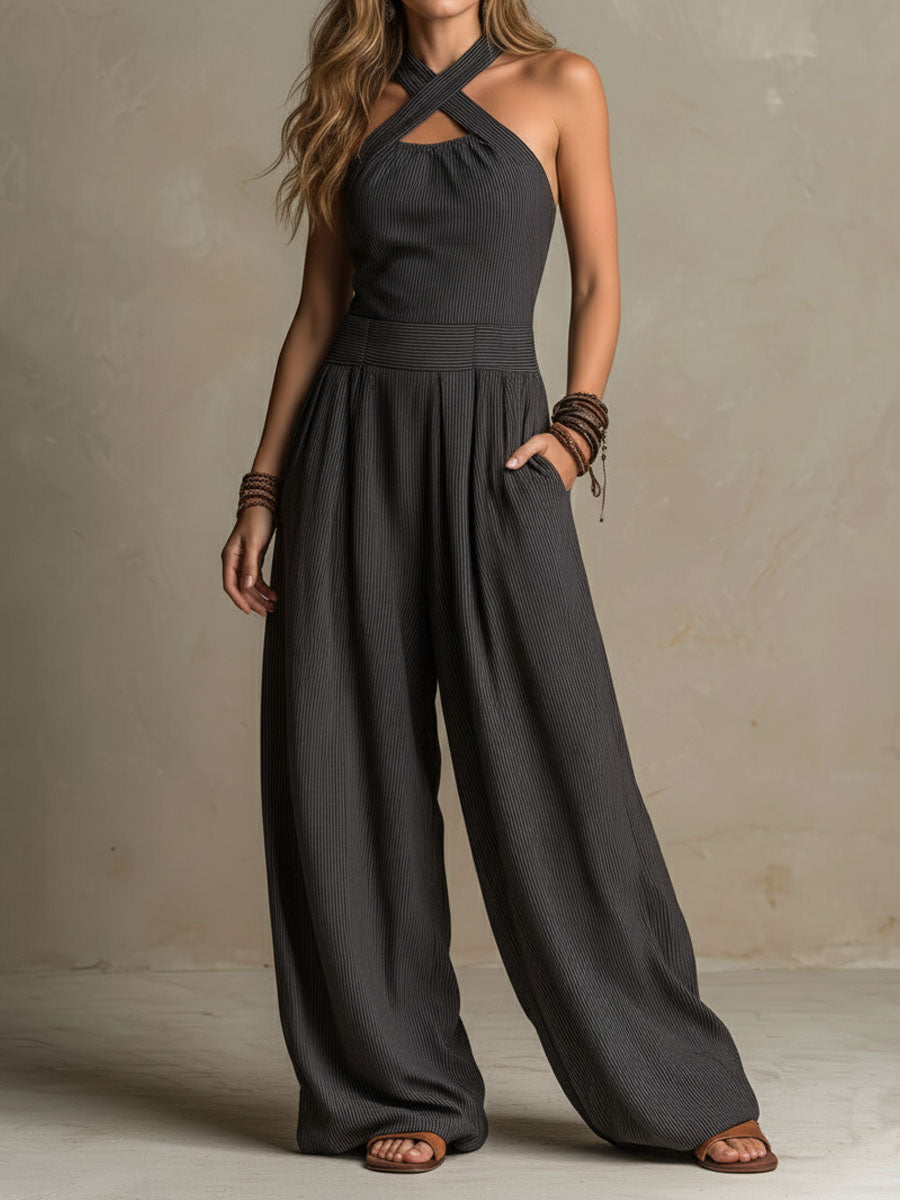 StripeFlow – Crisscross Halter Pinstripe Wide-Leg Jumpsuit