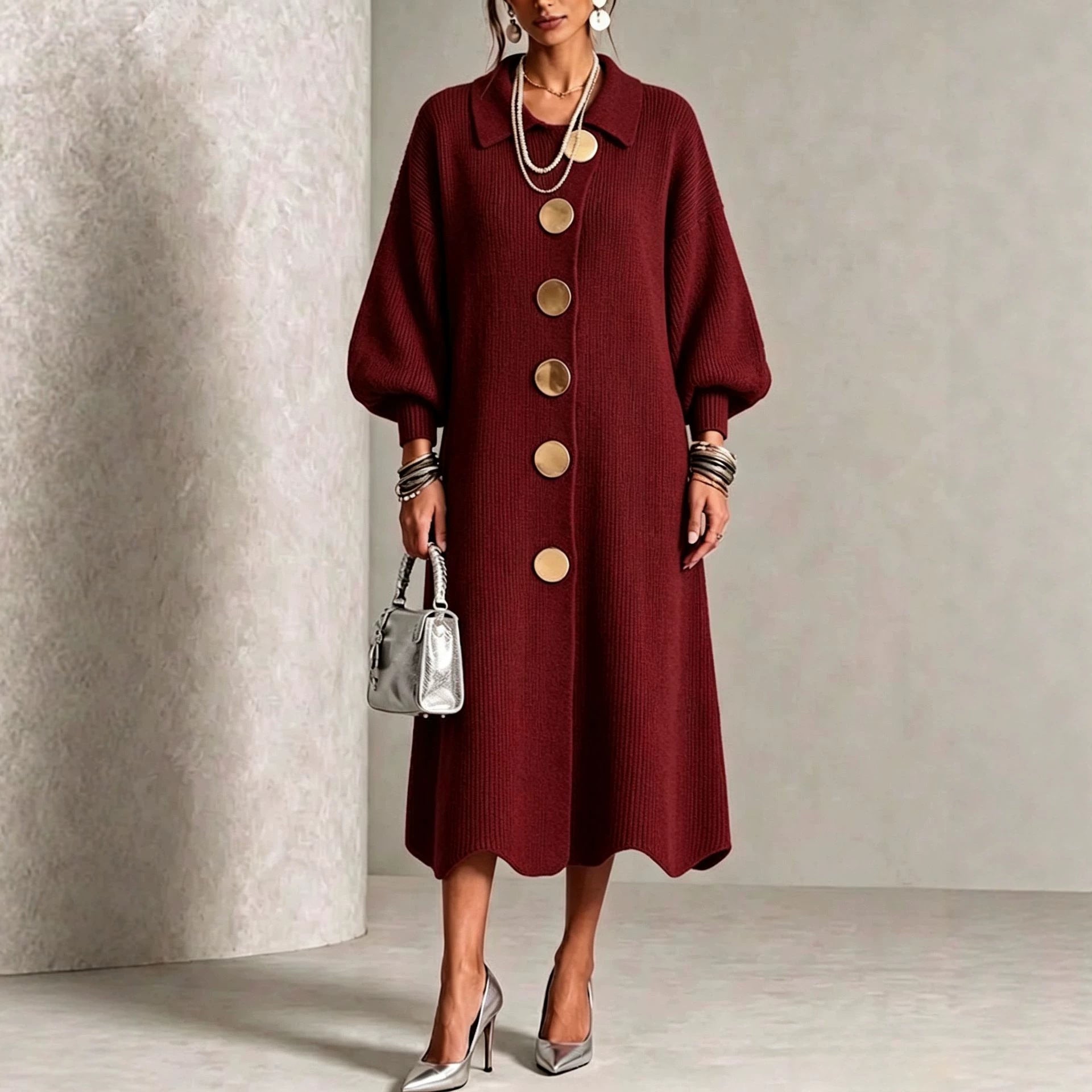 LanternLuxe – 🤲⏰ Long-Sleeve Knit Midi Dress with Large Metal Buttons, Lapel Collar & Lantern Sleeves