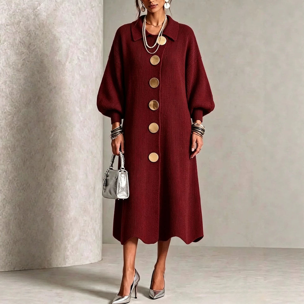 LanternLuxe – 🤲⏰ Long-Sleeve Knit Midi Dress with Large Metal Buttons, Lapel Collar & Lantern Sleeves