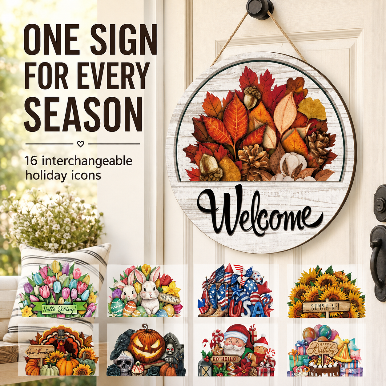 SeasonSwap – Interchangeable Front Door Welcome Sign with 15 Magnetic Seasonal Accents
