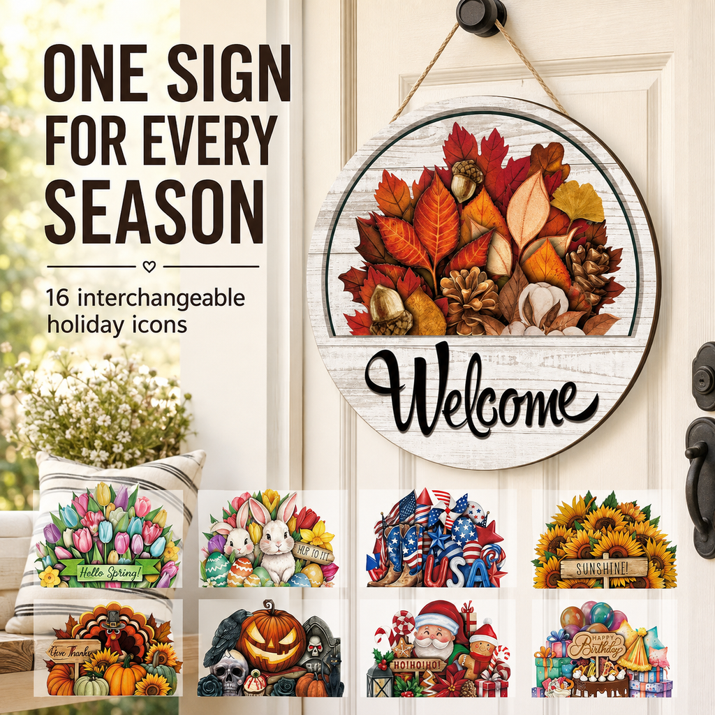 SeasonSwap – Interchangeable Front Door Welcome Sign with 15 Magnetic Seasonal Accents