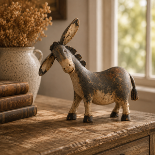 Rustic donkey figurine styled as indoor farmhouse decor
