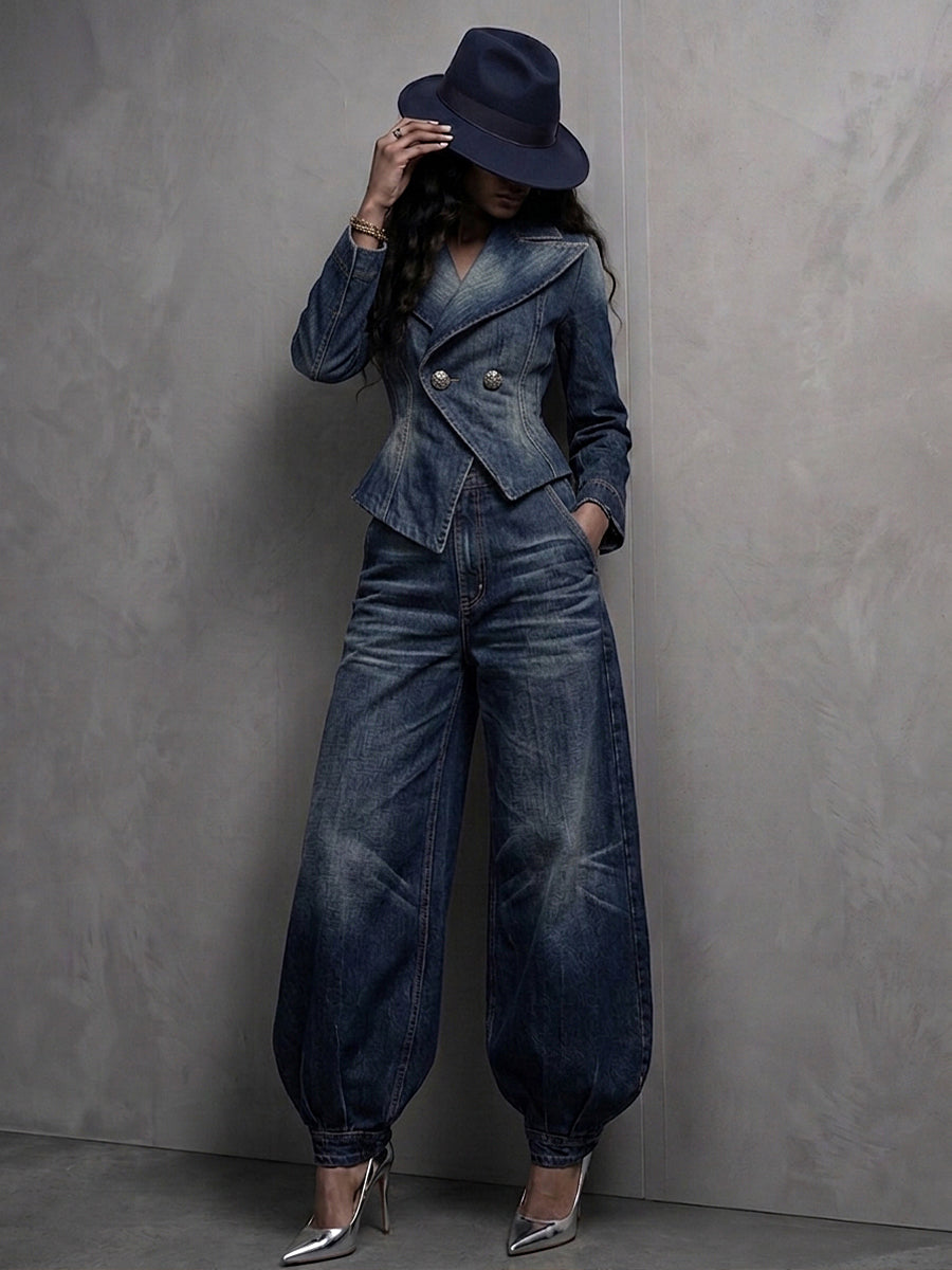 PeplumChic – 🤲🔥 Figure-Flattering Washed Denim 2-Piece Set + FREE Hat