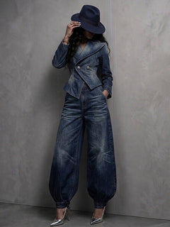 PeplumChic – 🤲🔥 Figure-Flattering Washed Denim 2-Piece Set + FREE Hat