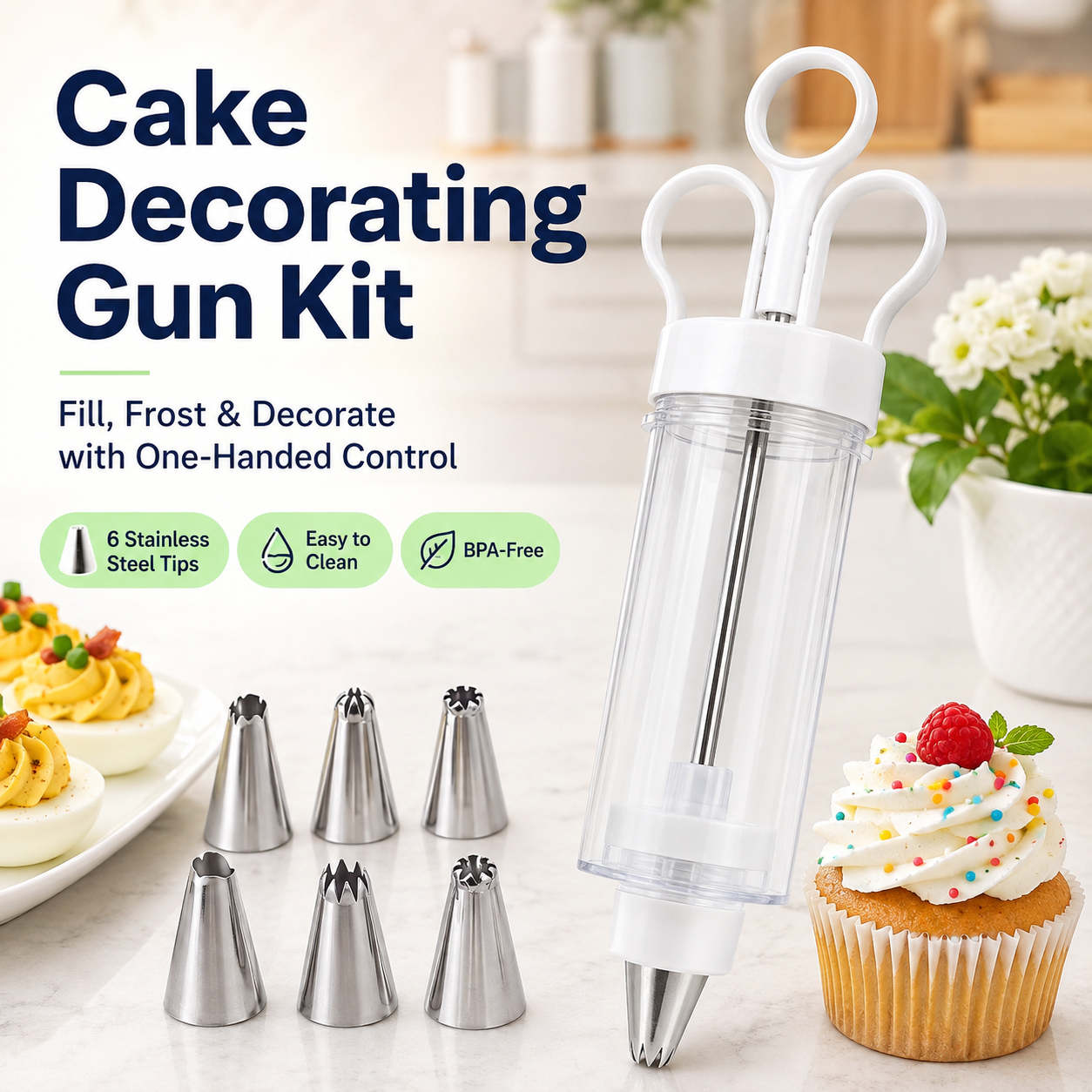 FrostFlow – Cake Decorating Gun Kit with 6 Stainless Steel Tips