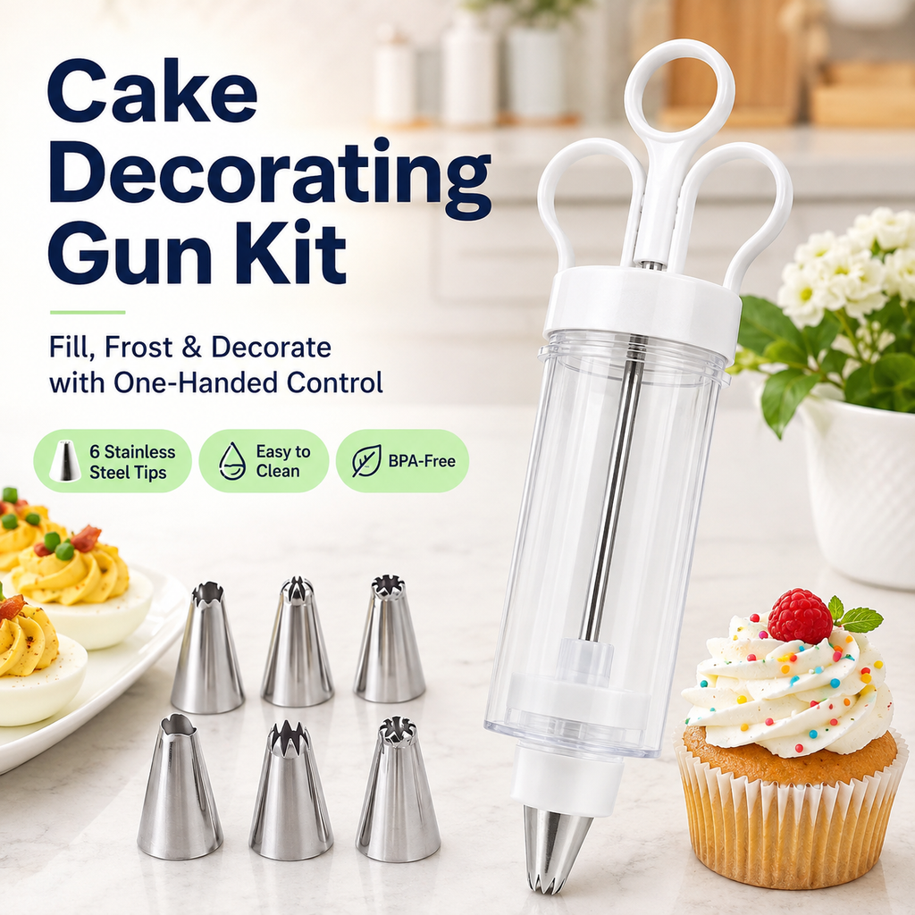FrostFlow – Cake Decorating Gun Kit with 6 Stainless Steel Tips