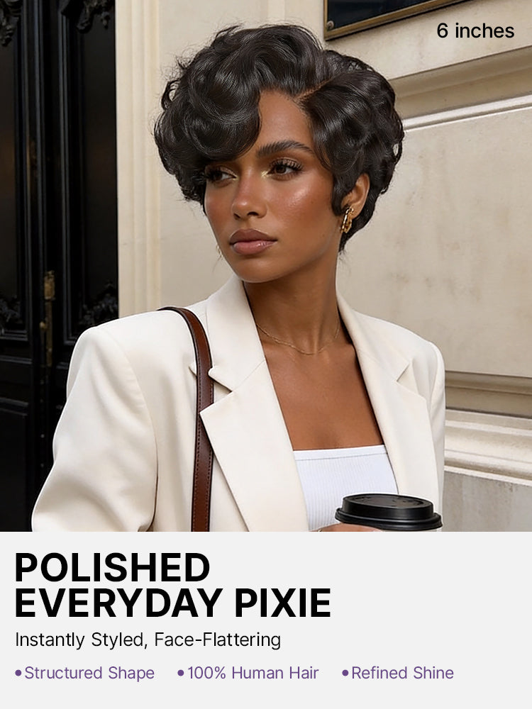 CurlCrown – Beginner-Friendly Natural Black Roll Curl Glueless Pixie Cut Wig with Pre-Cut HD Lace