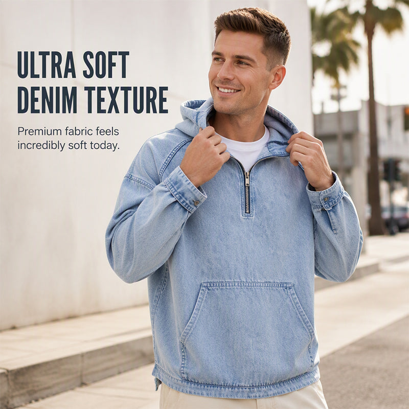 ✨ UrbanEase – Men’s Denim-Inspired Zip Hoodie 👖