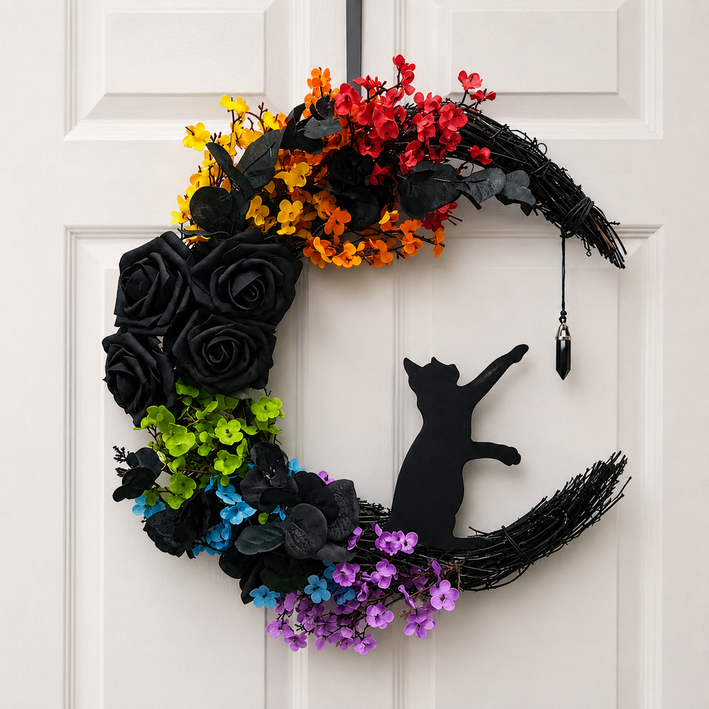 CrescentPurr – Handmade Halloween Cat Wreath🐈‍⬛🌙