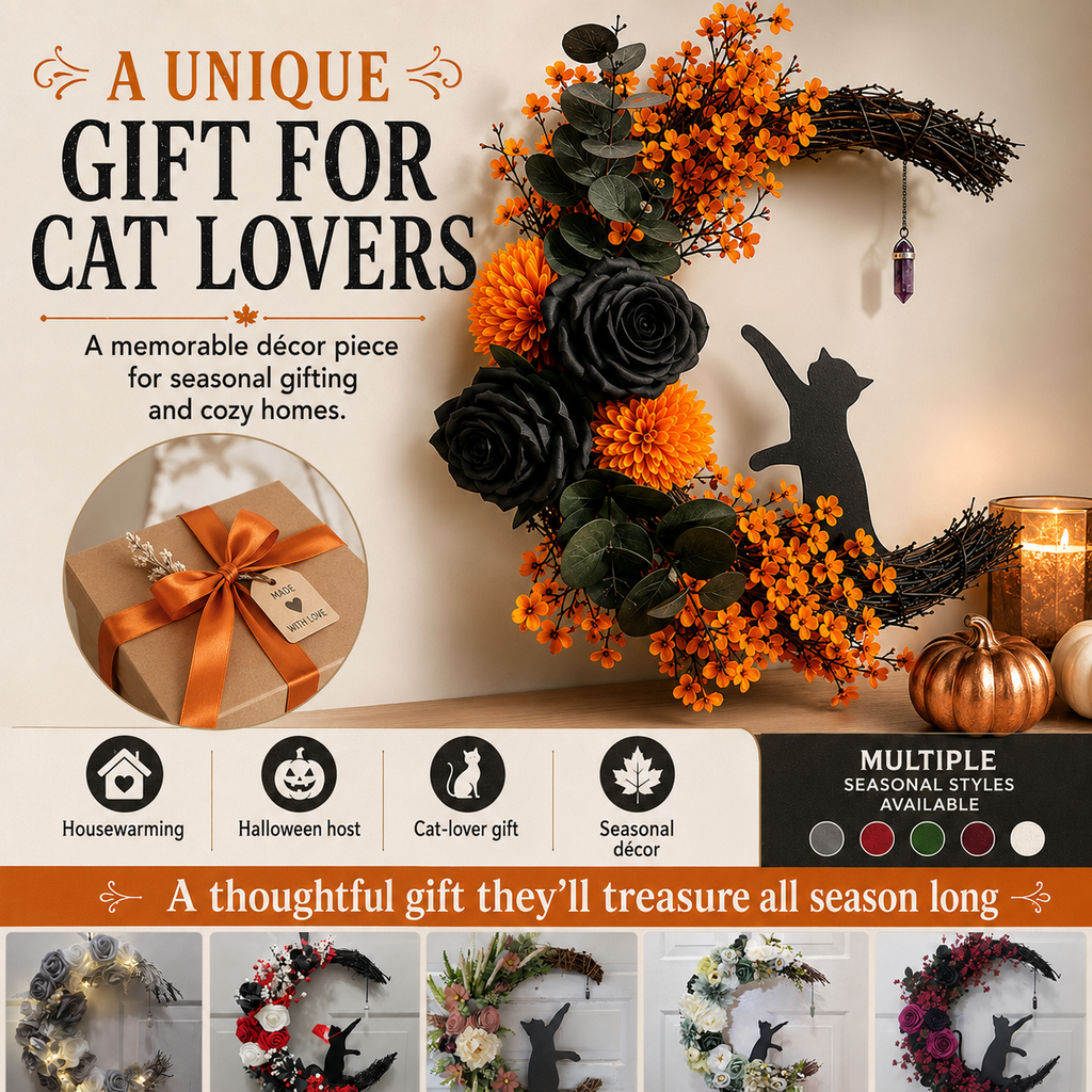 CrescentPurr – Handmade Halloween Cat Wreath🐈‍⬛🌙