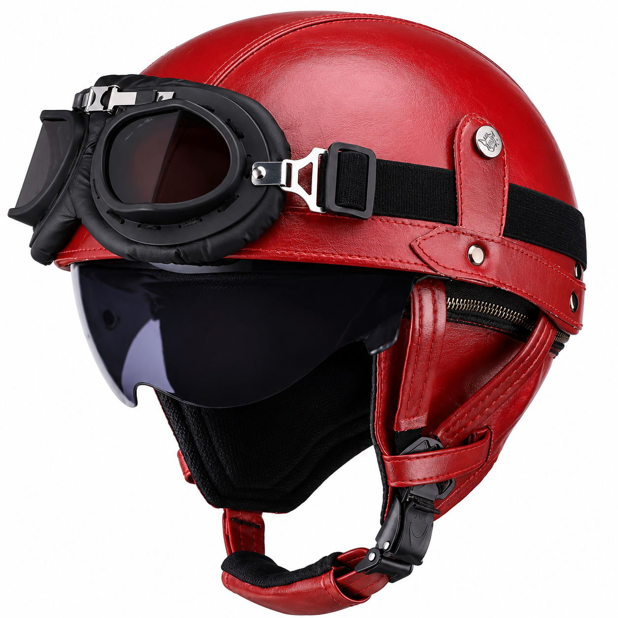 AviatorRide – Vintage PU Leather DOT Motorcycle Half Helmet with Goggles