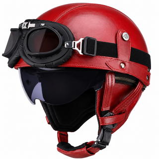 AviatorRide – Vintage PU Leather DOT Motorcycle Half Helmet with Goggles