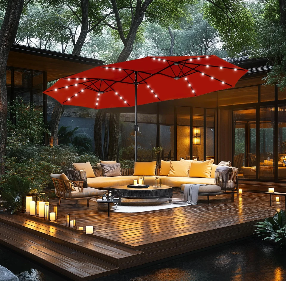 GlowCanopy – 15ft Double-Sided Patio Umbrella with Solar Lights