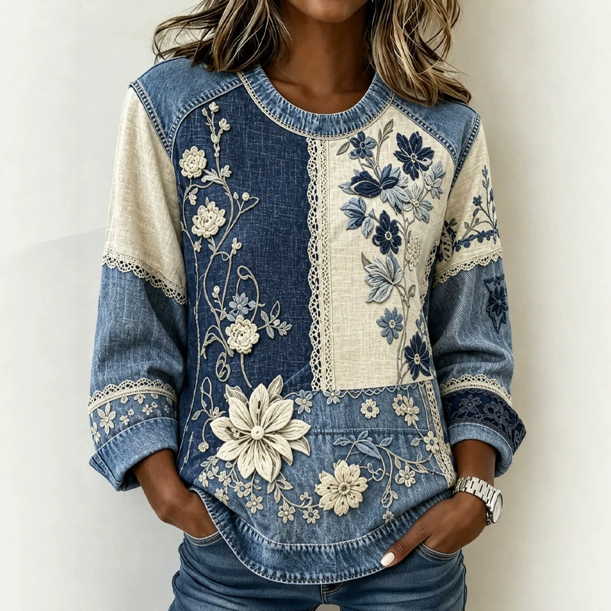 FloralDenim – 💛⏰ Women’s Floral Denim Patchwork Top