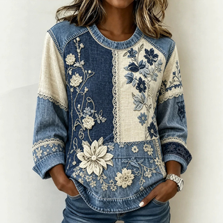 FloralDenim – 💛⏰ Women’s Floral Denim Patchwork Top