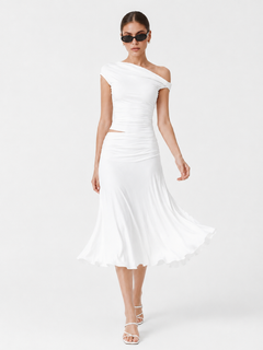 MilayaMuse – Off-the-Shoulder Ruched Top & Midi Skirt Set