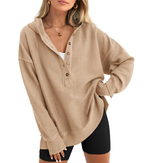 LayerEase – Women’s Oversized Button V-Neck Hoodie with Side Slits