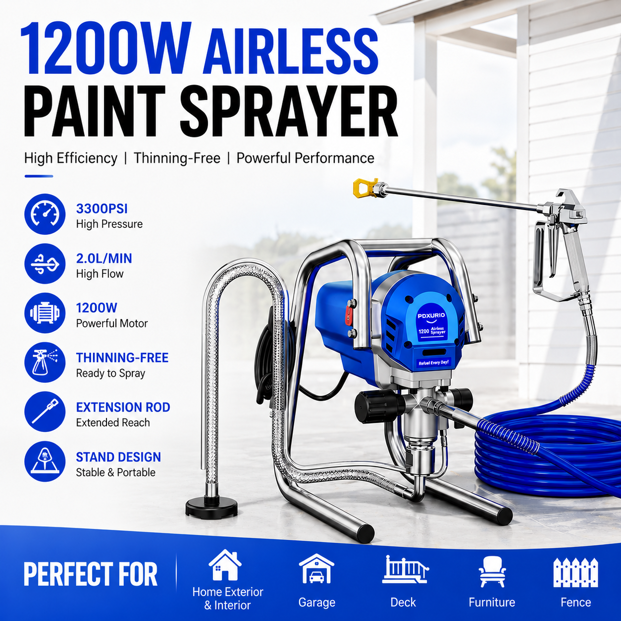 CoatSwift – 1200W 3300PSI Airless Paint Sprayer with Extension Rod and Stand