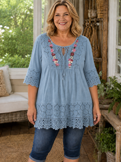BohoBloom – Plus-Size Cotton-Linen Floral Embroidered Lace Tunic