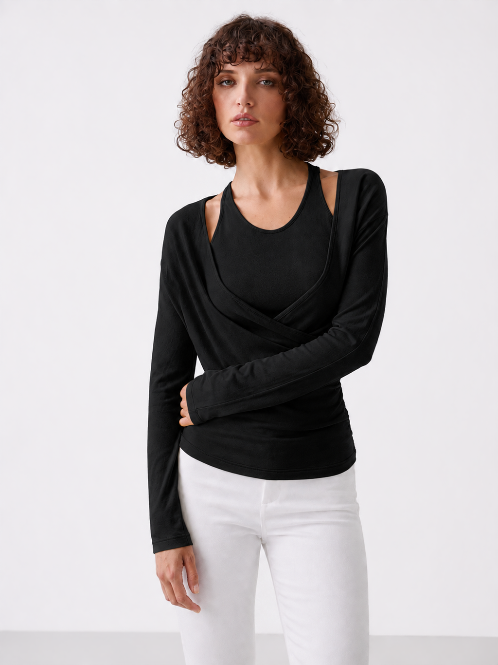 CallidaDrape – Ruched Two-Piece Wrap Top Set with Built-In Bra