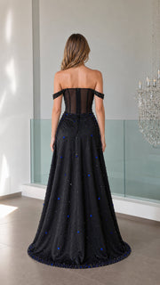 LuminaGrace – Off-the-Shoulder Beaded Evening Gown with Sheer Corset Bodice