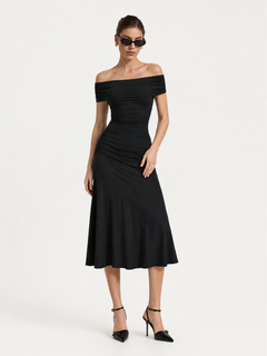 MilayaMuse – Off-the-Shoulder Ruched Top & Midi Skirt Set