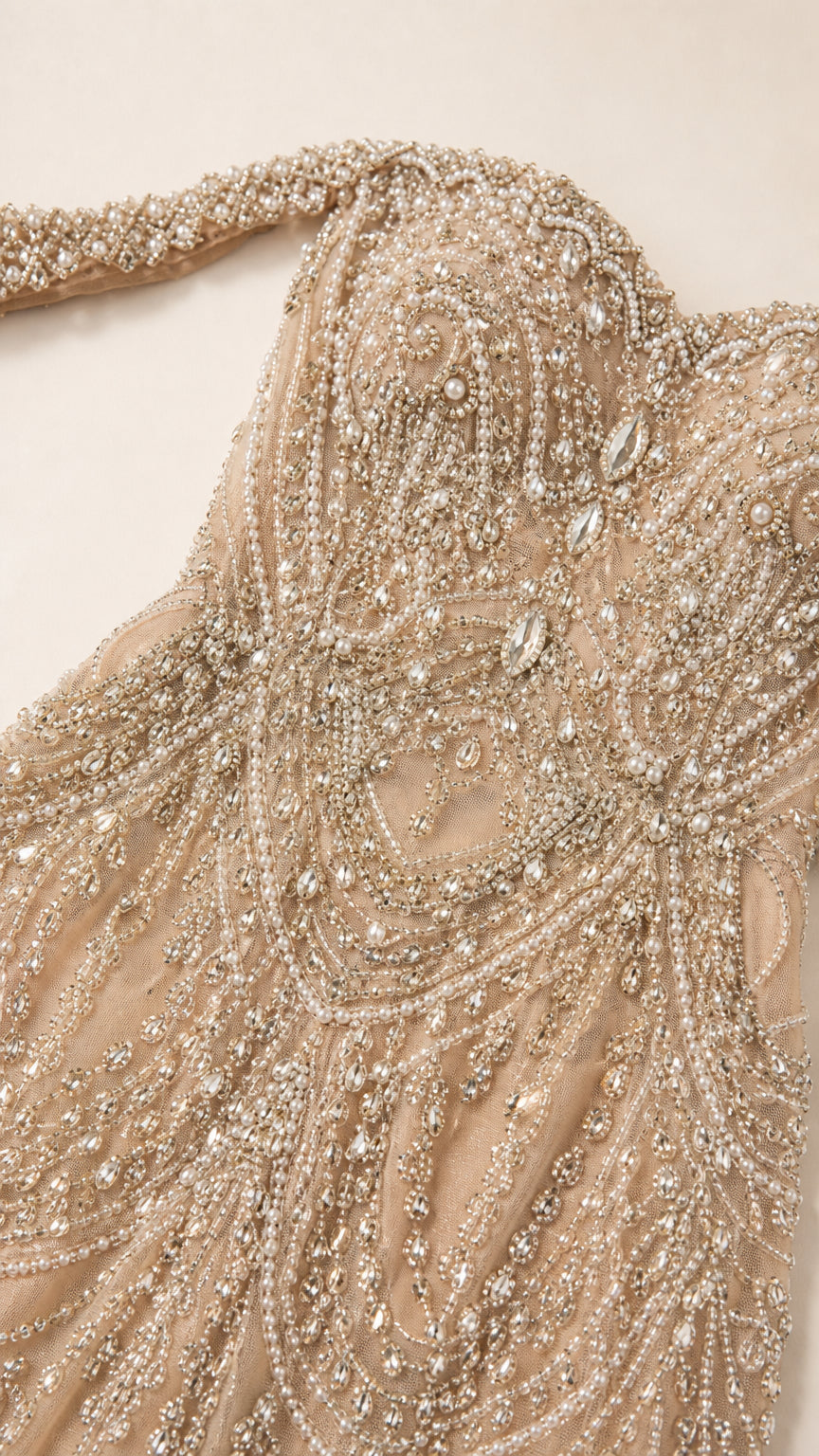 GlimmerGown – Off-the-Shoulder Beaded Mermaid Evening Gown