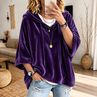 PlushDrape – Women's Velour Oversized Hoodie with 3/4 Sleeves