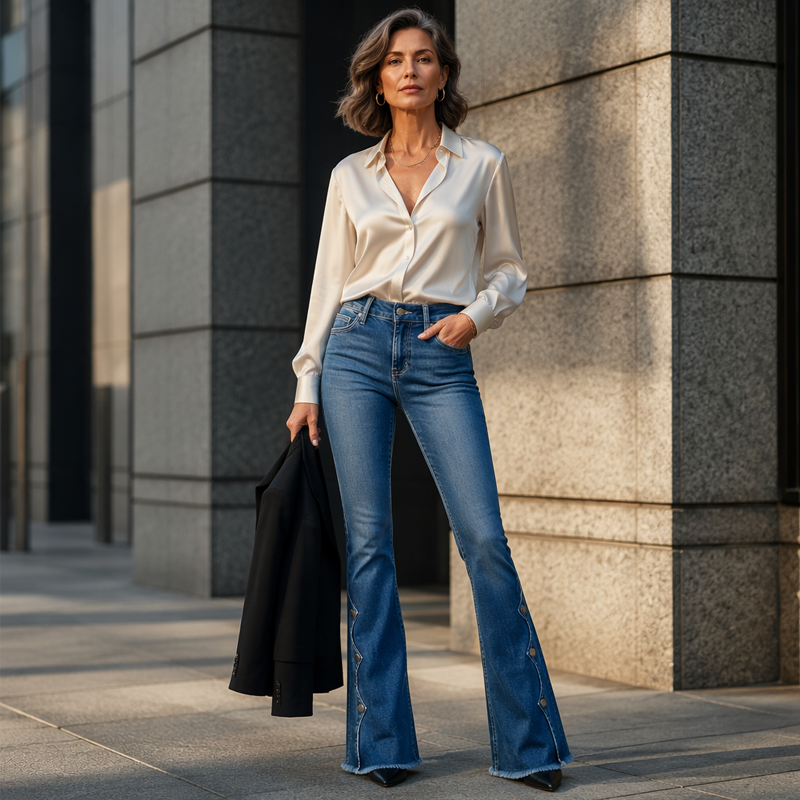 ScallopFlare – Women's High-Waisted Distressed Flare Jeans