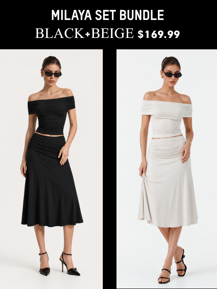 MilayaMuse – Off-the-Shoulder Ruched Top & Midi Skirt Set
