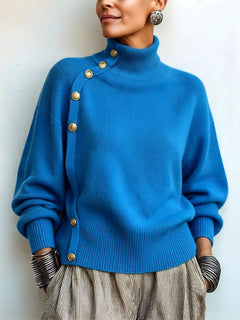 GoldDrape – 🤲 ⏰ Asymmetrical Gold-Button Knit Sweater