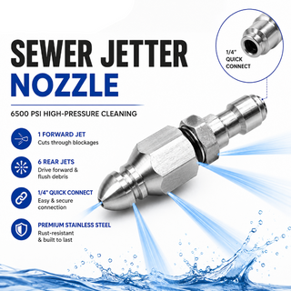 JetFlush – 6500 PSI Stainless Steel Sewer Jetter Nozzle with 1/4" Quick Connect