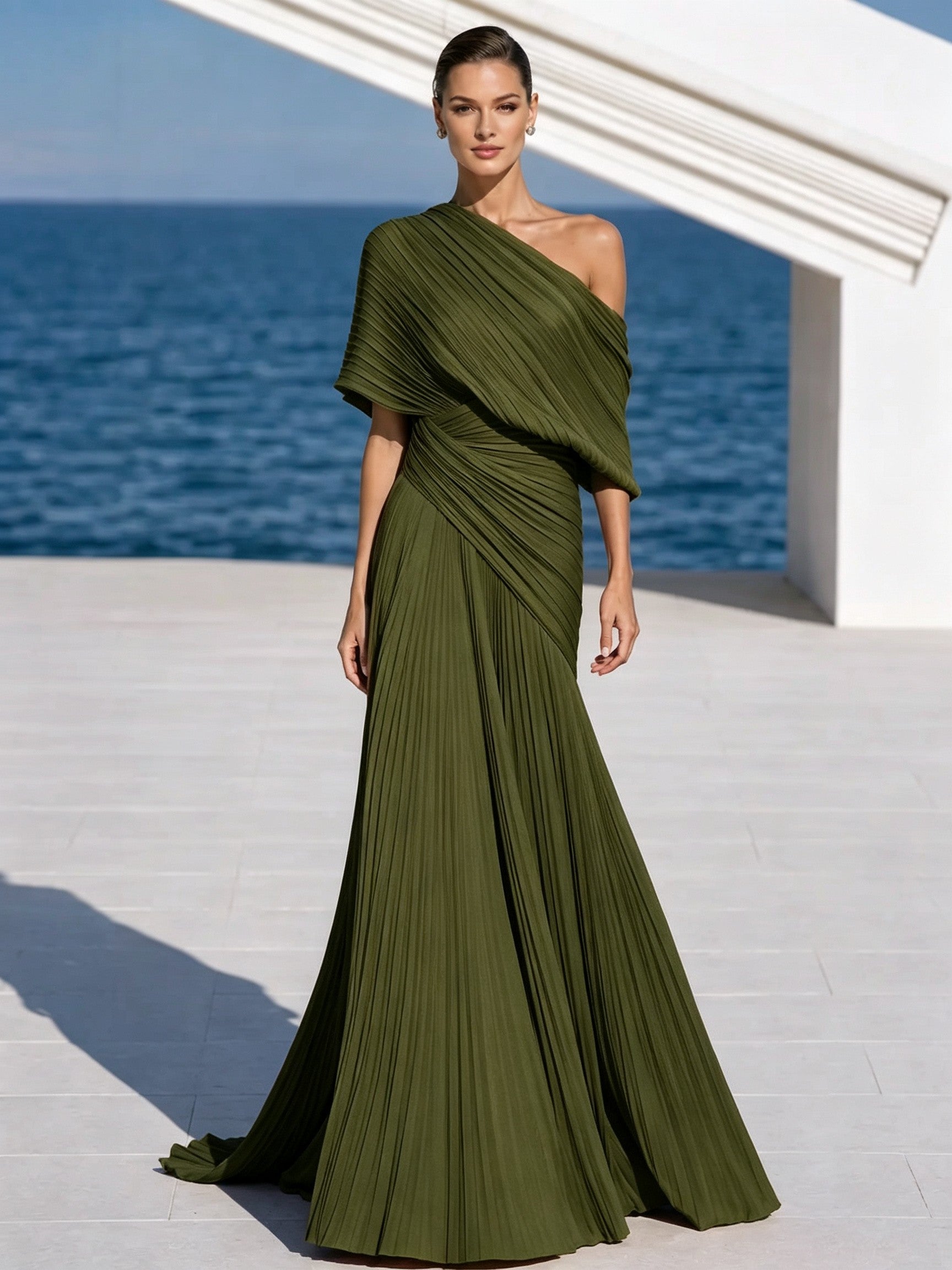 DrapeGala – One Shoulder Pleated Evening Gown