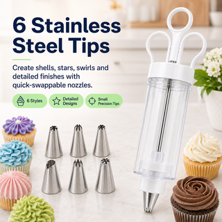 FrostFlow – Cake Decorating Gun Kit with 6 Stainless Steel Tips