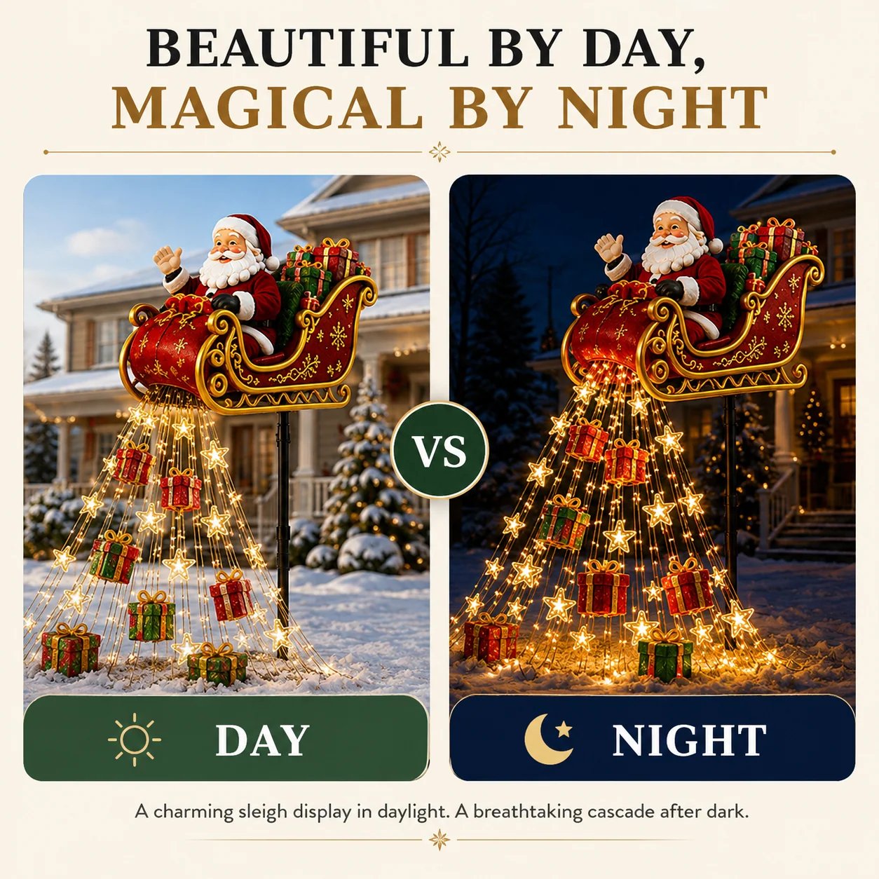 SleighGlow – 🔥🎅✨ Santa's Flying Sleigh Gift Cascade Solar Christmas Garden Light