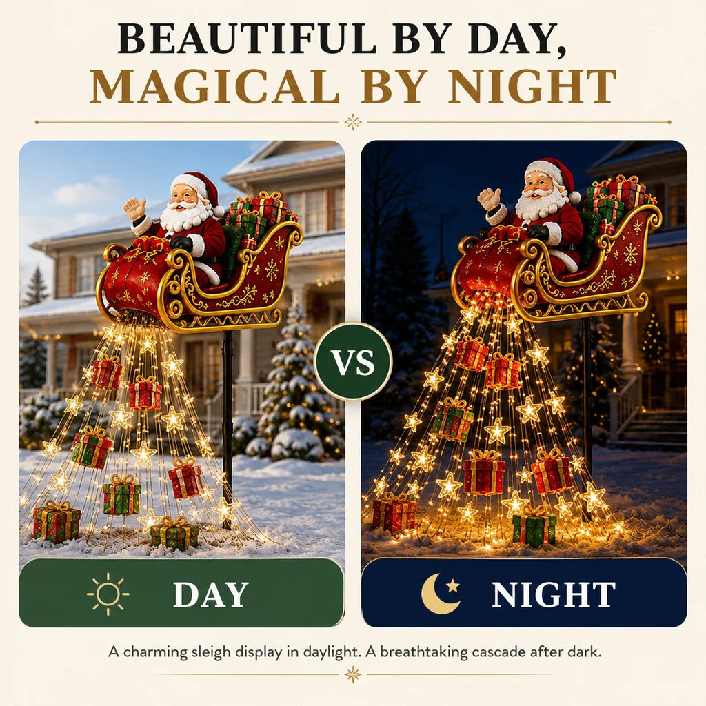 SleighGlow – 🔥🎅✨ Santa's Flying Sleigh Gift Cascade Solar Christmas Garden Light