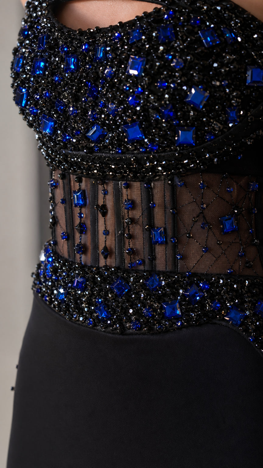 LuminaGrace – Off-the-Shoulder Beaded Evening Gown with Sheer Corset Bodice