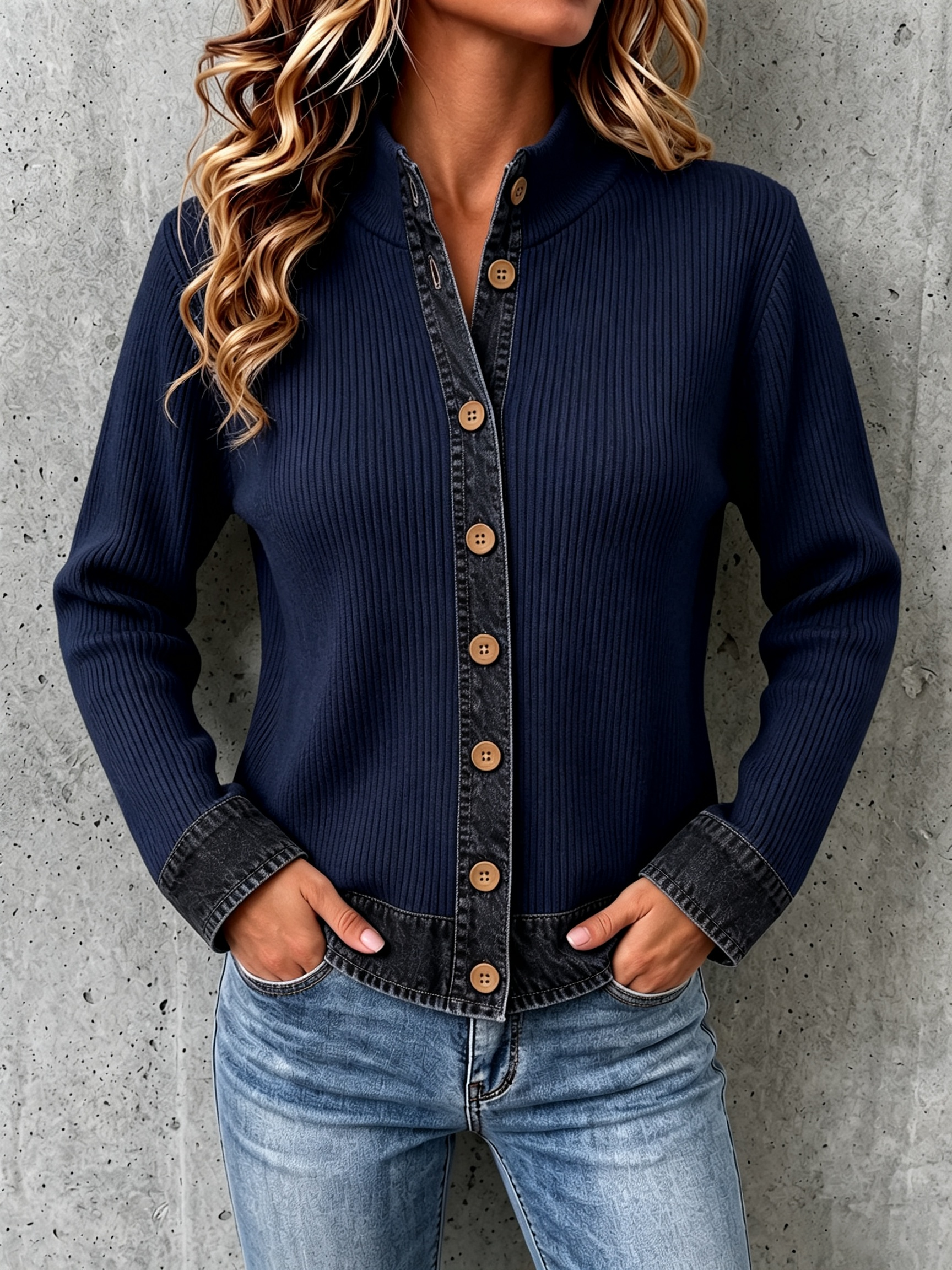 DenimEase – Women's Denim-Paneled Knit Cardigan