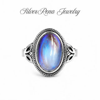💎LunaGlow – Vintage Rainbow Moonstone Ring with Oval Cabochon Filigree Setting