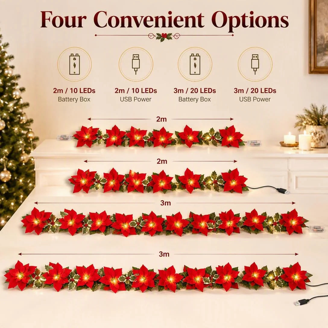 Poinsettia garland styled on mantels, doorways, and tables